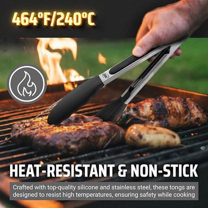 Kaluns Kitchen Tongs for Cooking Grilling Set of 4, BBQ Grill Tongs With Silicone Tip Stainless Steel Heat Resistant, Non-stick Pull Lock, Incl 7, 9, 12 Inch Tong Plus a Silicone Spatula - Image 5