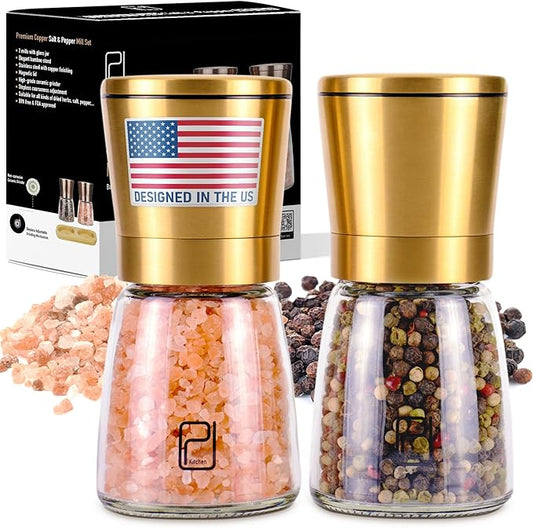 Premium Salt and Pepper Grinder Set - 5 oz, Golden Stainless Steel - S&P Spice Shakers - Refillable & Adjustable Coarseness Hand Mill for Spices & Seasonings - by PJC-Kitchen