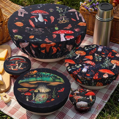 Patelai 10 Pcs Bowl Covers Reusable in 5 Size Stretch Cloth Fabric Elastic Food Storage Bowl Covers Bread Sourdough Lids for Proofing Food Fruits Leftover(Deep Color,Mushroom Style) - Image 2