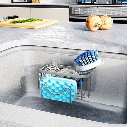 HapiRm Sponge Holder for Kitchen Sink - Sink Caddy with Unique M-Shaped, 2 Installation Methods Kitchen Organizer, Rustproof Stainless Steel Sponge Caddy - Grey - Image 6