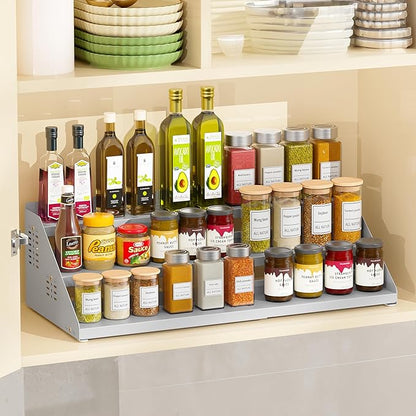 BOIVSHI Spice Rack Organizer, Metal Spice Rack Organizer for Cabinet, Countertop Spice Rack - Expandable Width, 3 Tier Spice Shelf for Cabinet, Countertop, Pantry, Cupboard, Gray