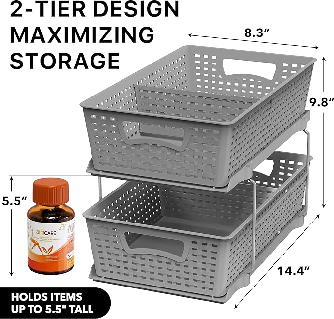 Simple Houseware 2 Tier Bathroom Organizer Tray Pull-Out Sliding Drawer, Under Sink Storage, Gray - Image 2