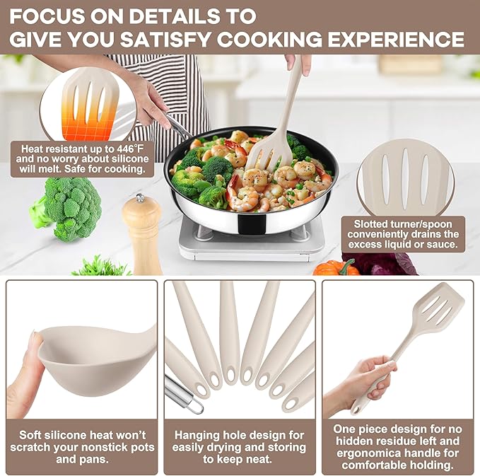 TeamFar 8 PCS Silicone Cooking Utensils - 446°F Heat Resistant Kitchen Silicon Utensils Set, Turner, Spatula, Spoon, Whisk, Kitchen Cooking Gadgets Tools for Nonstick Cookware, Dishwasher Safe-Khaki - Image 3