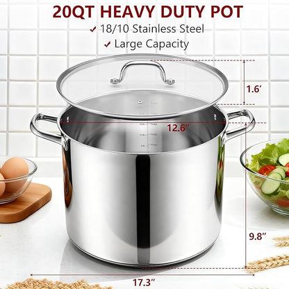 Herogo 20-Quart 18/10 Stainless Steel Stock Pot with Lid, Large Heavy Duty Soup Pot Compatible with Electric, Gas, Induction and Gas Cooktops, Non-Toxic & Corrosion Resistant, Dishwasher Safe