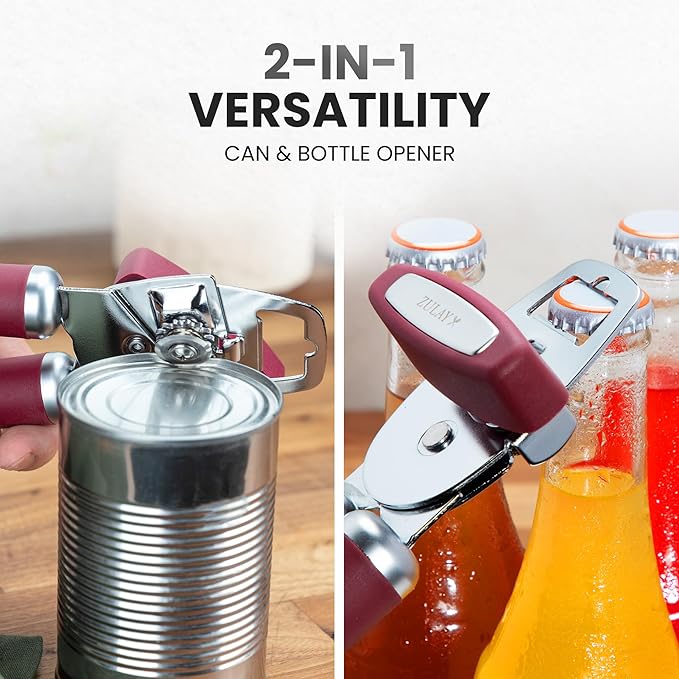 Zulay Kitchen Heavy Duty Stainless Steel Can Opener Manual with Bottle Opener - Rust Proof Manual Can Opener With Turn Knob & Comfy Soft Grip Handles - Deep Red - Image 7