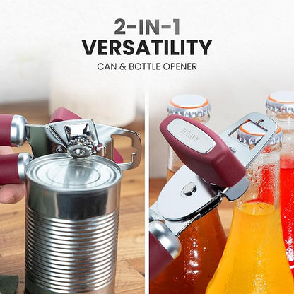 Zulay Kitchen Heavy Duty Stainless Steel Can Opener Manual with Bottle Opener - Rust Proof Manual Can Opener With Turn Knob & Comfy Soft Grip Handles - Deep Red - Image 7