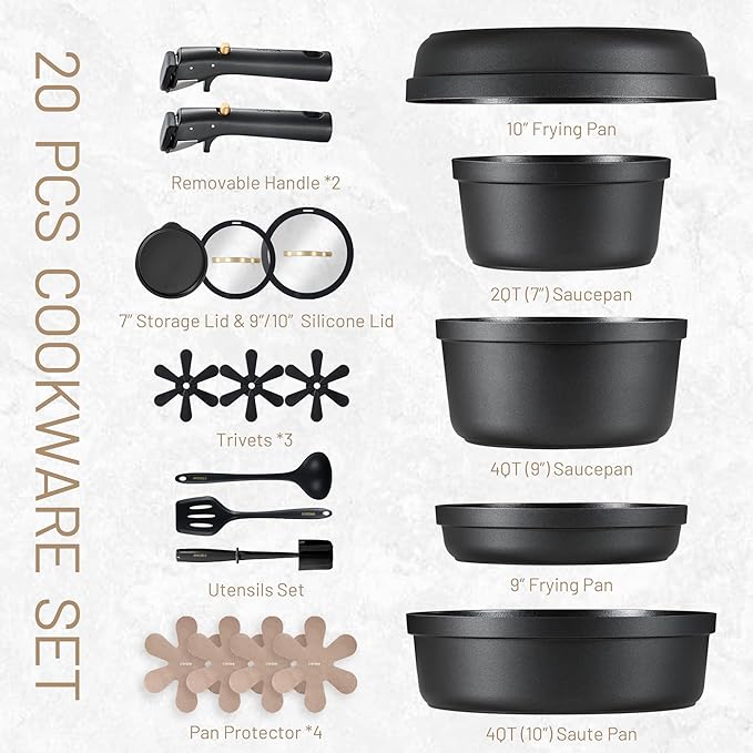 CAROTE 20pcs Pots and Pans Set Non Stick, Nonstick Cookware Set, Dishwasher/Oven/Fridge Safe Pots and Pans, Removable Handle RV Oven Safe Cookware, Induction Kitchen Set, Black - Image 2