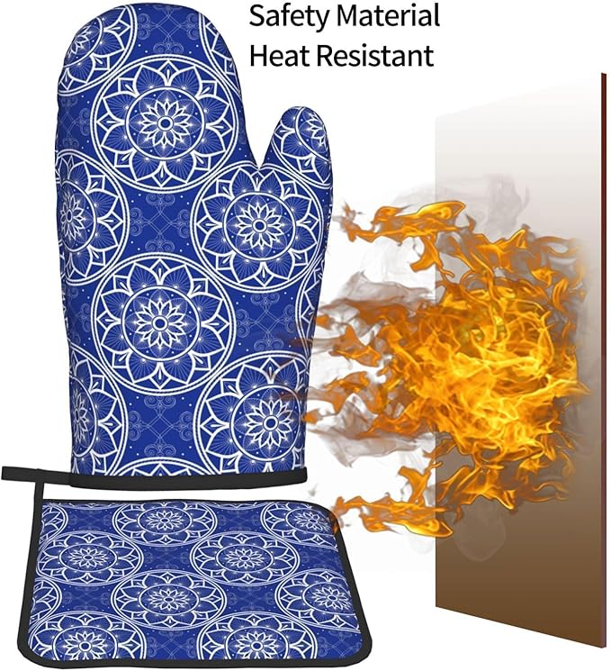 Chinoiserie Blue and White Floral Oven Mitts and Pot Holders Sets of 3, Heat Resistant Non-Slip Boho Kitchen Gloves for Baking Cooking Grilling, Navy Blue Hot Pads for Kitchen Decor, Gifts for Women - Image 7