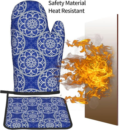 Chinoiserie Blue and White Floral Oven Mitts and Pot Holders Sets of 3, Heat Resistant Non-Slip Boho Kitchen Gloves for Baking Cooking Grilling, Navy Blue Hot Pads for Kitchen Decor, Gifts for Women - Image 7