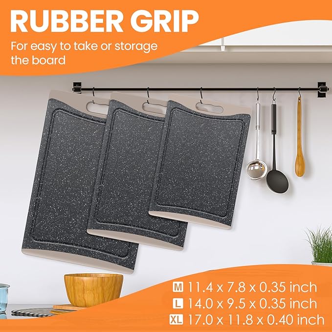 Extra Large Cutting Boards, Plastic Cutting Boards for Kitchen (Set of 3) Cutting Board Set Dishwasher Chopping Board with Juice Grooves Easy-Grip Handles, Almond Gray, Empune - Image 4