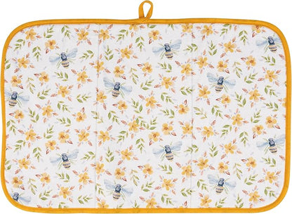 Primitives by Kathy Decorative Kitchen Drying Mat, Full Color Design, ultra-absorbent vibrant pattern/bees/flowers hand painted unique watercolor style dish mat pad kitchen accessory/spring home decor