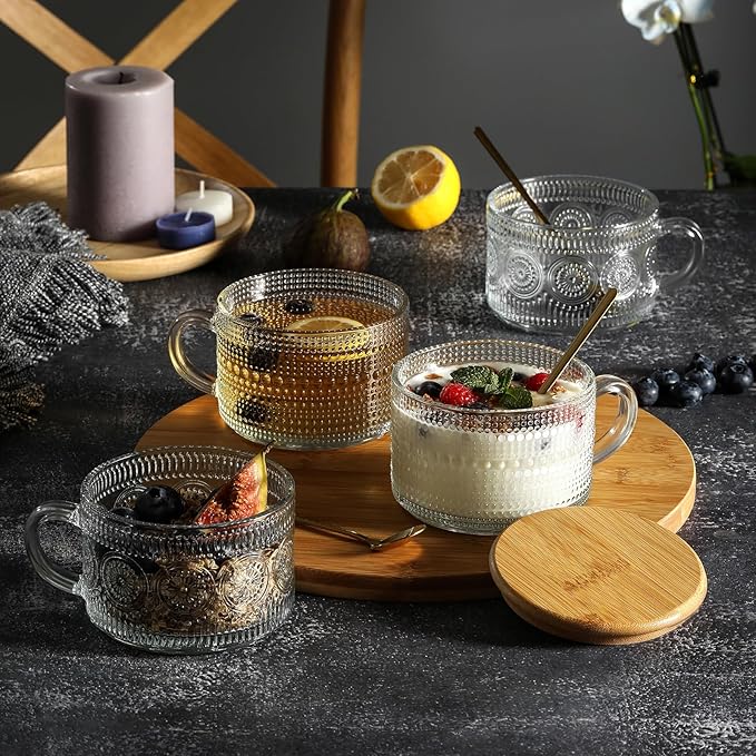 Vintage Coffee Mugs, Overnight Oats Containers with Bamboo Lids and Spoons - 14oz Clear Embossed Glass Cups, Cute Coffee Bar Accessories, Iced Coffee Glasses, Ideal for Cappuccino, Latte, 2 Pack - Image 3