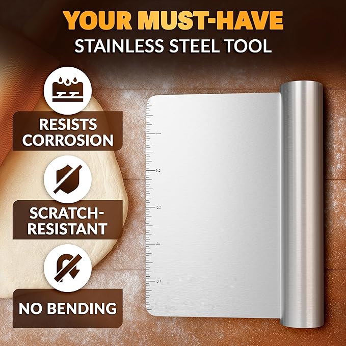 Bench Scraper Kitchen – Multipurpose Pastry Scraper Tool with Measurement Marks for Even Portions, Stainless Steel Build, Ergonomic Grip for Better Control – Pizza, Cookie & Bread Dough Cutter Tool - Image 3