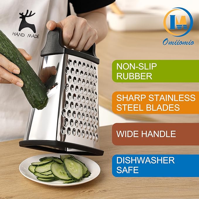Professional Cheese Grater - Stainless Steel, XL Size, 4 Sides - Perfect Box Grater for Parmesan Cheese, Vegetables, Ginger - Dishwasher Safe - Black - Image 4