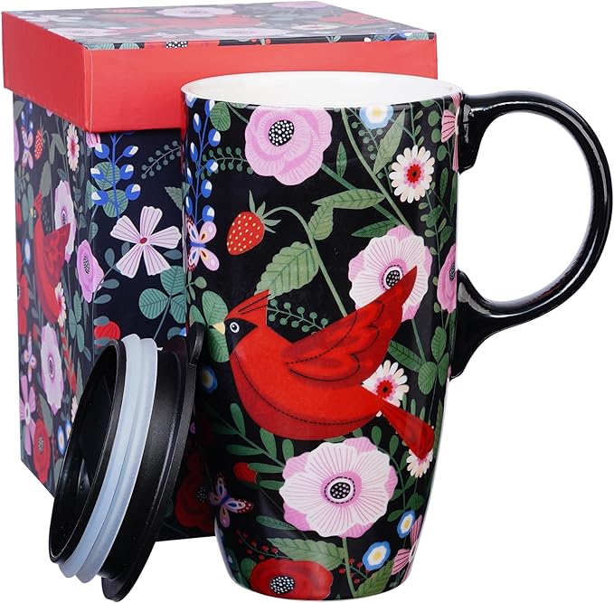 Topadorn Ceramic Coffee Mug, Porcelain Latte Travel Cup with Lid and Handle, Large Coffee Mug for Men Women Office Work, Red Cardinal Birds-17oz