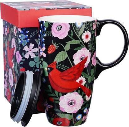Topadorn Ceramic Coffee Mug, Porcelain Latte Travel Cup with Lid and Handle, Large Coffee Mug for Men Women Office Work, Red Cardinal Birds-17oz