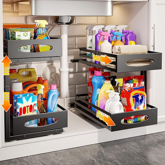 mixeshop Under Sink Organizer, 2 Tier Under Sink Organizers and Storage, Adjustable Height, Slide out Metal Cabinet Organizers, Pull out Cabinet Storage Drawer Shelf for Kitchen Bathroom (Black, 2) by MIXESHOP
