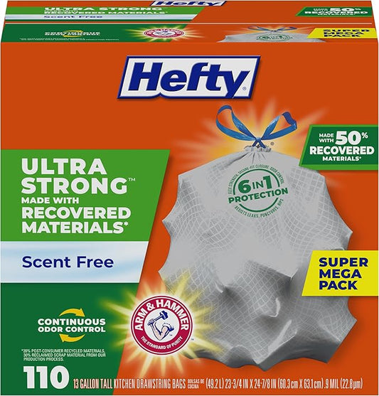 Hefty Ultra Strong Made with 50% Recovered Materials* Tall Kitchen Trash Bags, Gray, Unscented, 13 Gallon, 110 Count