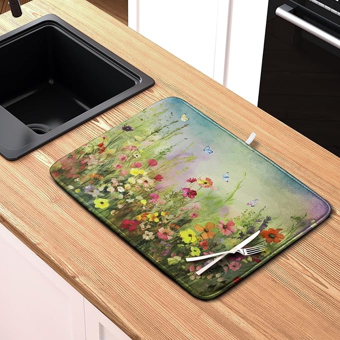 Spring Floral Dish Drying Mat for Kitchen Counter 18x24 Inch Sage Green Wild Flowers Drying Mats Spring Summer Plant Microfiber Absorbent Large Dish Rack Pad for Coffee Bar Sinks Home Accessories - Image 6