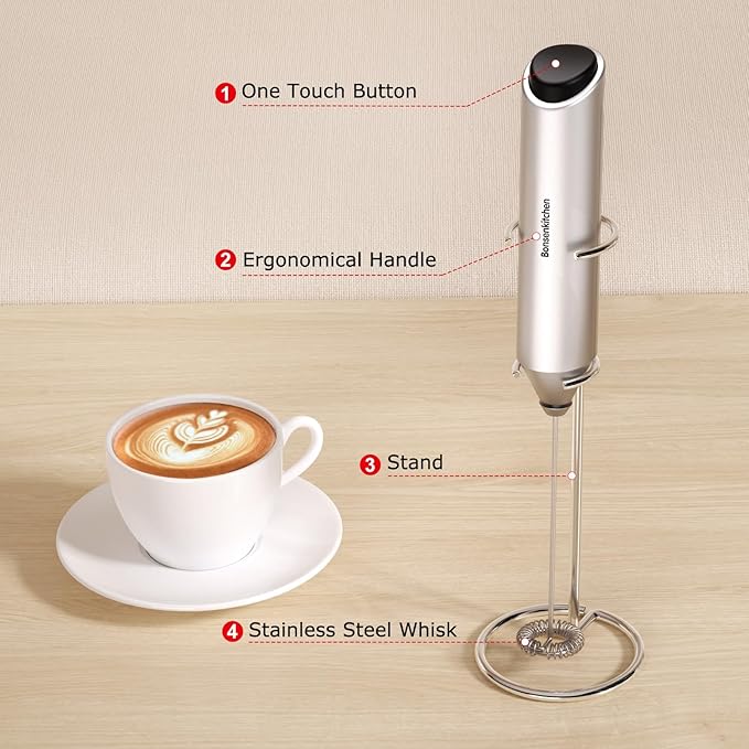 Bonsenkitchen Powerful Milk Frother with Stand for Coffee, Fast Handheld Drink Mixer with Stainless Steel Whisk, Battery Operated Hand Frother Stirrer Wand-Silver - Image 6