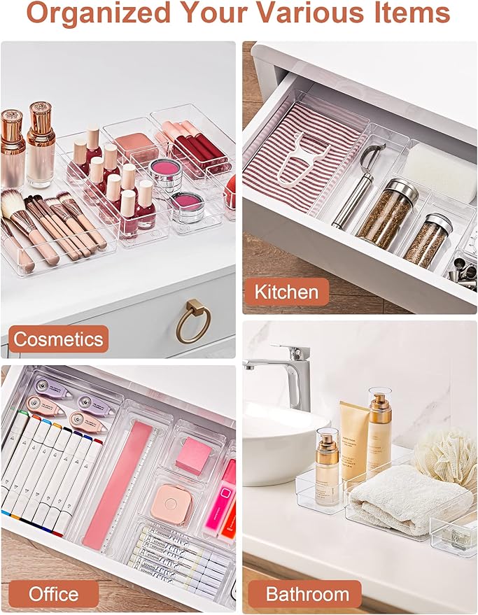 SMARTAKE 22-Piece Drawer Organizer with Non-Slip Silicone Pads, 4-Size Clear Desk Drawer Organizer Trays Storage Tray for Makeup, Jewelries, Utensils in Bedroom Dresser, Office and Kitchen, Clear - Image 6