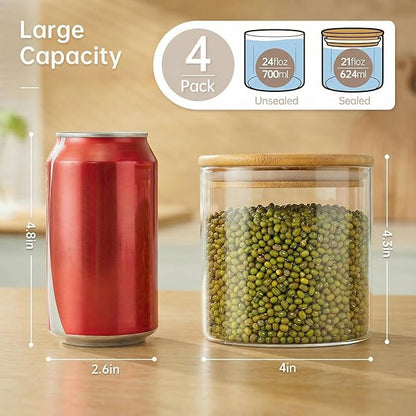 HomArtist 21oz - 4 Pack Glass Jars with Bamboo Lids, Glass Food Storage Containers with Airtight Lids, Air Tight Pantry Storage Containers for Coffee, Sugar, Spice, Meal Prep Jars for Salad & Fruit - Image 3