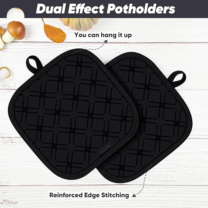 Oven Mitts and Pot Holders Set with Dishcloths, 500 Degree Heat Resistant Oven Gloves and Hot Pads, Premium Soft Cotton Kitchen Mittens and Dish Cloth Sets-Black - Image 4