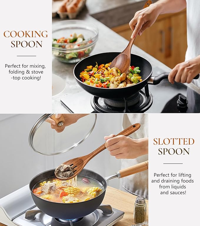 2Pcs Wooden Spoons for Cooking, Natural Premium Teak Wooden Spoon & Slotted Spoon, Good Grip Large Cooking Spoons Spatula, Heat Resistant Wooden Kitchen Cooking Utensils Set for Nonstick Cookware - Image 4