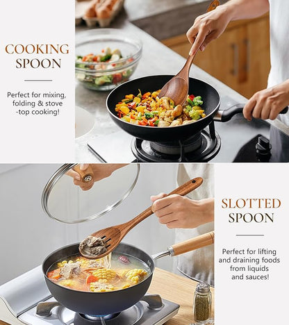 2Pcs Wooden Spoons for Cooking, Natural Premium Teak Wooden Spoon & Slotted Spoon, Good Grip Large Cooking Spoons Spatula, Heat Resistant Wooden Kitchen Cooking Utensils Set for Nonstick Cookware - Image 4