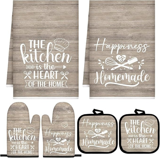 Sratte 6 Pcs Kitchen Decor Accessories Set Farmhouse Towels Pot Holders Oven Mitts Set 2 Dish Towels 2 Potholders 2 Cooking Mittens Oven Glove for Christmas Baking Cooking(Brown Wood Grain) by Sratte