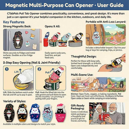 Ring Pull Can Opener for Soda Food Cat Cans Easy Open Tool for Weak Hands Arthritis Seniors Long Nails Magnetic Portable with Lanyard Dishwasher Safe Mothers Day Gift Pink Kitty
