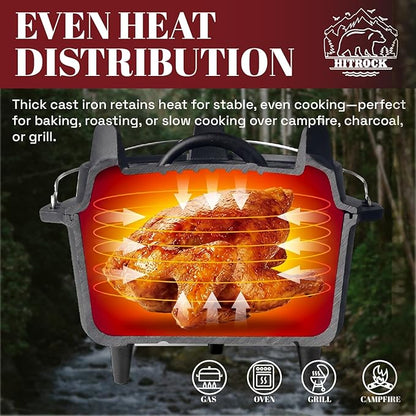 HITROCK Cast Iron Camp Dutch Oven with Legs 7QT, Pre-Seasoned Camping Dutch Oven with Lid, Outdoor Pot with Lid Lifter, Storage Bag & Handle for Camping, Baking, Grilling, Rounded-square Shape
