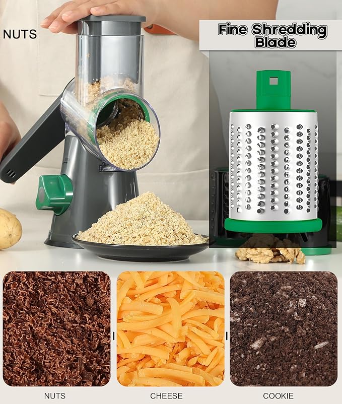 Ourokhome Rotary Cheese Grater Hand Crank, Kitchen Shredder Speed Mandolin Slicer Nuts Grinder with Handle and Drum Blades for Cheese, Vegetable, Walnuts, Chocolate, Potato, Carrot, 3 Blades, Gray - Image 4