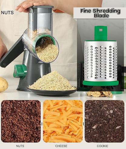 Ourokhome Rotary Cheese Grater Hand Crank, Kitchen Shredder Speed Mandolin Slicer Nuts Grinder with Handle and Drum Blades for Cheese, Vegetable, Walnuts, Chocolate, Potato, Carrot, 3 Blades, Gray - Image 4