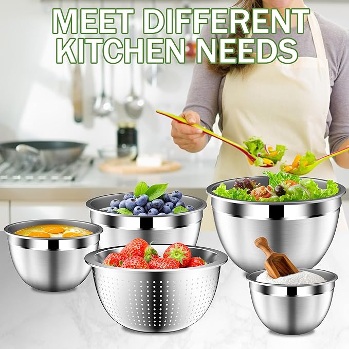 DUTZUN Mixing Bowls with Lids Set, Stainless Steel Mixing Bowl Set with Colander, Strainer with Bowls - Pistachio - Image 7