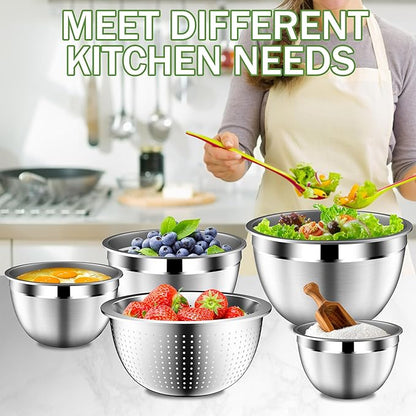 DUTZUN Mixing Bowls with Lids Set, Stainless Steel Mixing Bowl Set with Colander, Strainer with Bowls - Pistachio - Image 7