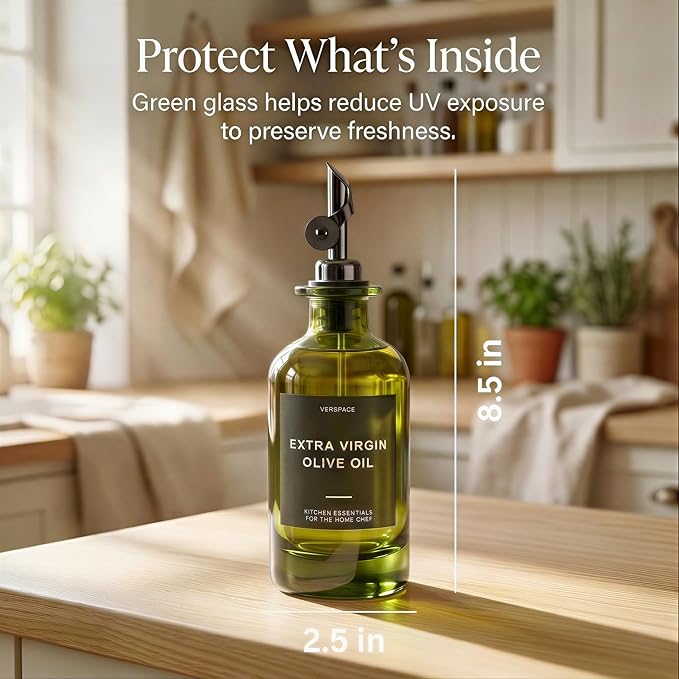Verspace UV-Protected Green Glass Olive Oil Dispenser Bottles For Kitchen - 2 Pack - 12oz Includes 40 Kitchen Essential Labels, Avocado Oil Dispenser Set, Modern Decor for Home, Airbnb, Cafe - Image 3