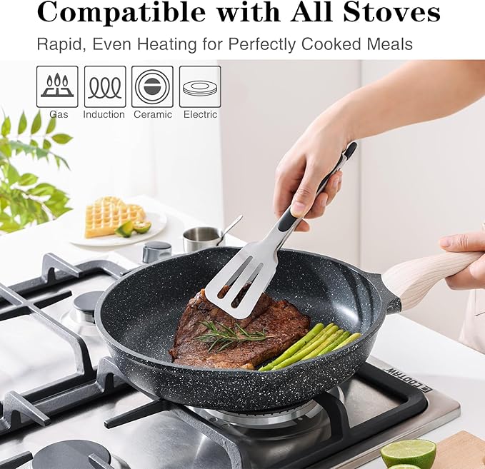 Kordisen Nonstick Frying Pan Set with Lids, 3 Piece Skillet Set, Healthy Induction Cookware Cooking Pan, Stay-Cool Handle, Compatible with All Stovetops, PFOA Free (9.5, 11, 12.5 Inch) - Image 5