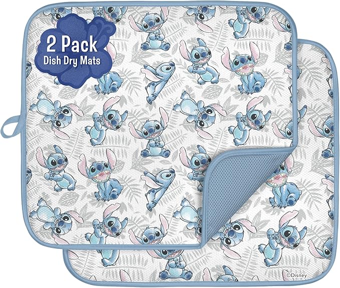 Disney Dish Drying Mats for Kitchen Counter (2 Pack) – 16" x 18" Absorbent Kitchen Drying Mats for Dishes – Fast-Drying, Machine Washable Dish Mats – Mickey & Minnie, Winnie the Pooh, & Stitch by BestBrands