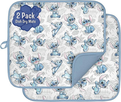 Disney Dish Drying Mats for Kitchen Counter (2 Pack) – 16" x 18" Absorbent Kitchen Drying Mats for Dishes – Fast-Drying, Machine Washable Dish Mats – Mickey & Minnie, Winnie the Pooh, & Stitch by BestBrands