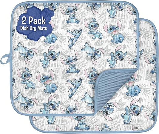 Disney Dish Drying Mats for Kitchen Counter (2 Pack) – 16" x 18" Absorbent Kitchen Drying Mats for Dishes – Fast-Drying, Machine Washable Dish Mats – Mickey & Minnie, Winnie the Pooh, & Stitch by BestBrands