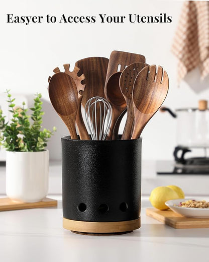 LoeJan 360° Rotating Ceramic Utensil Holder for Kitchen Countertop – Cooking Utensil Crock Organizer with Non-Slip Cork Base for Farmhouse Kitchen Decor, Textured Black - Image 5