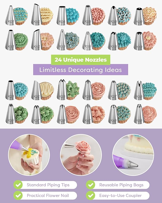 Kootek 32-Piece Piping Bags and Tips Set with 24 Icing Piping Tips, 2 Reusable Pastry Bags 12 Inch, Reusable Piping Icing Bags and Tips, Cake Decorating Kit for Frosting Cookie, Cupcake - Image 2