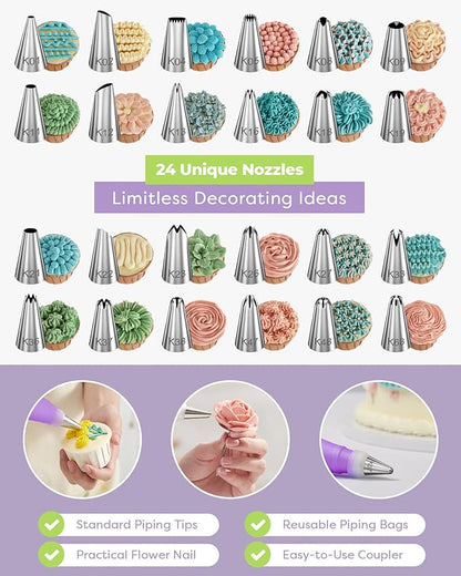 Kootek 32-Piece Piping Bags and Tips Set with 24 Icing Piping Tips, 2 Reusable Pastry Bags 12 Inch, Reusable Piping Icing Bags and Tips, Cake Decorating Kit for Frosting Cookie, Cupcake - Image 2