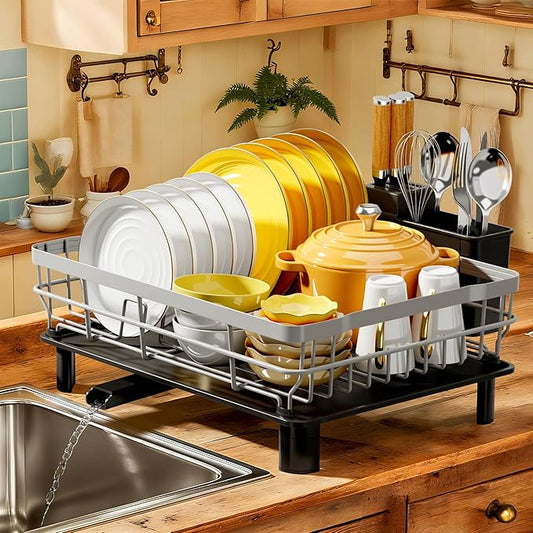 MOUKABAL Dish Drying Rack, Dish Rack, Stainless Steel Dish Racks for Kitchen Counter, Dish Drainer with Removable Utensil Holder, Drainboard (Grey,13''W x 17''L) by MOUKABALGREATHELPER