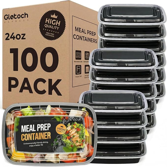 Meal Prep Containers 24oz-100 Pack (200-Piece) Reusable Food Storage Containers with Lids Microwave, Freezer, Dishwasher Safe - Leakproof & BPA Free Durable Plastic Bento Box for To Go Take Out by GlotochExpress