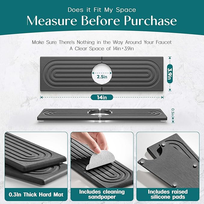 eormoe Diatomite Kitchen Faucet Mat - 14Inch Water Absorbing Stone Tray for Sink, Stone Fast-Drying Faucet Mat for Kitchen Counter Sink Accessories (Dark Grey, 14'' x 3.9'') - Image 2