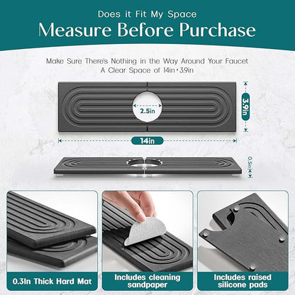 eormoe Diatomite Kitchen Faucet Mat - 14Inch Water Absorbing Stone Tray for Sink, Stone Fast-Drying Faucet Mat for Kitchen Counter Sink Accessories (Dark Grey, 14'' x 3.9'') - Image 2