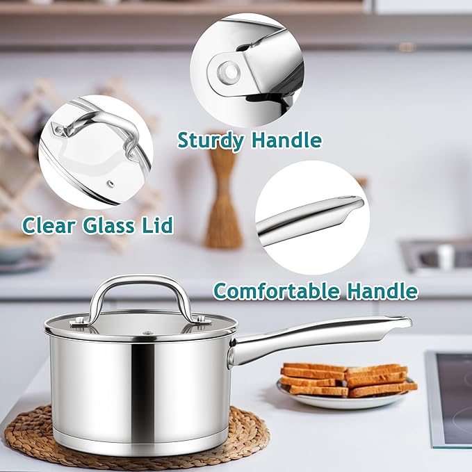 E-far Stainless Steel Saucepan with Lid Set - 1QT & 2QT, Triply Sauce Pan Induction Pot for Cooking, Boiling, Compatible with All Stoves, Visible Lid, Healthy & Non Toxic, Oven & Dishwasher Safe - Image 6