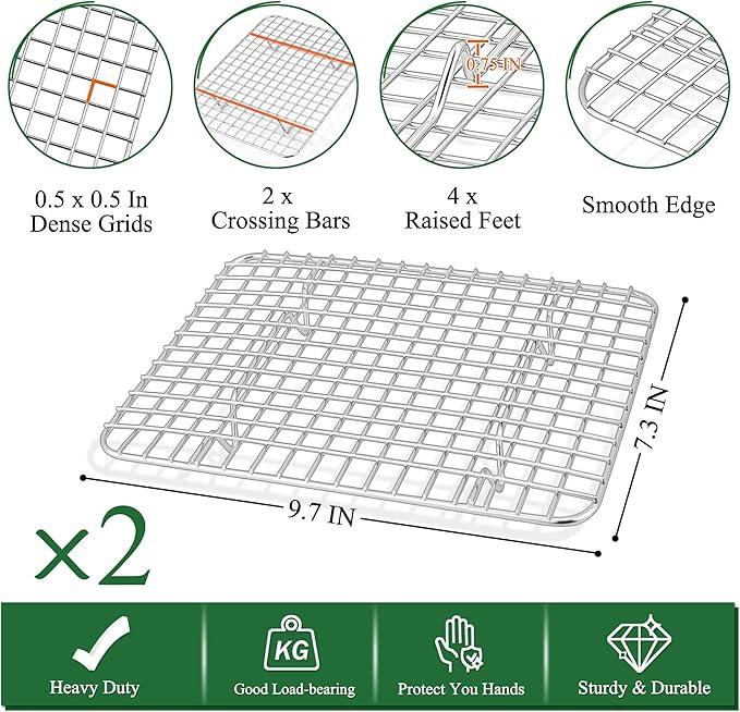 P&P CHEF 10.4 Inch Toaster Oven Pan with Rack Set, Stainless Steel Baking Pan Tray and Grid Cooling Rack for Cooking/Roasting, Dishwasher Safe & Easy to Clean, Non-toxic & Sturdy, (4Pcs)